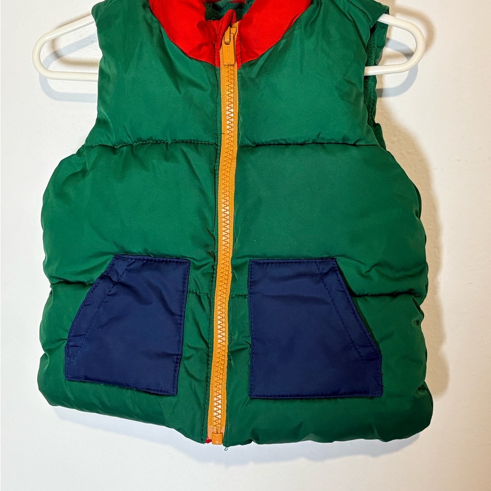 Old Navy Green Puffer Vest with Red and Yellow Details